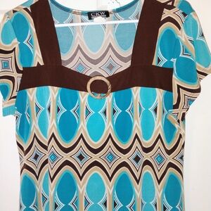 Crew Knit WearTeal and Brown Patterned Blouse XL PTP 19"
